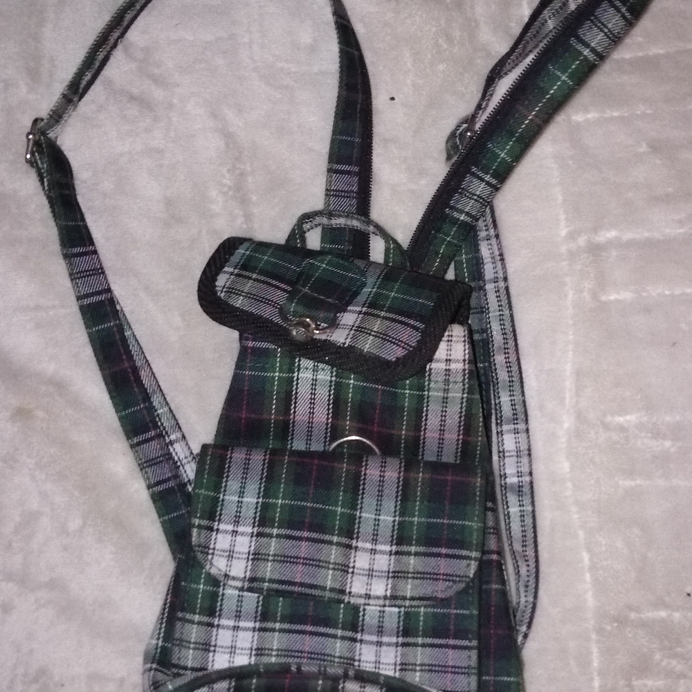 Green and Black Plaid Backpack with Adjustable Straps